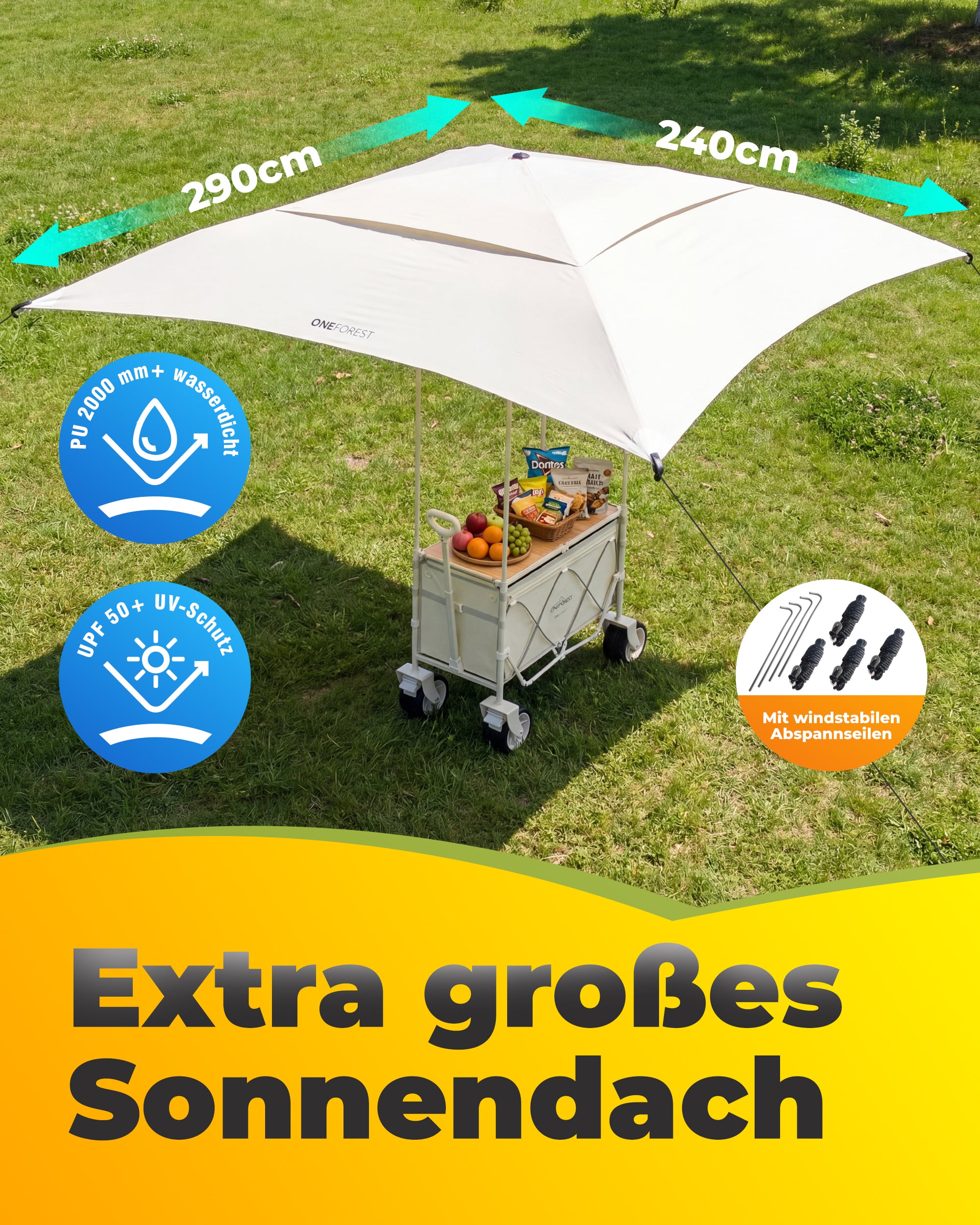 Klappbarer Bollerwagen mit Dach und Tischfunktion – faltbarer Transportwagen für Camping, Strand und Garten