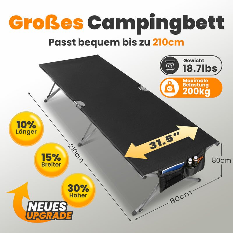 XXL Campingbett klappbar bis 200 kg – stabiles Feldbett mit Tragetasche, faltbar und extra groß