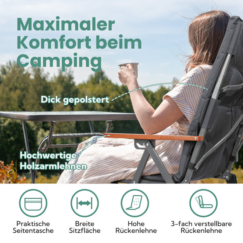 HOMECALL Campingstuhl faltbar Hochlehner – gepolsterter Klappstuhl mit Holzarmlehnen, 3-fach verstellbar bis 150 kg belastbar  | B-Ware
