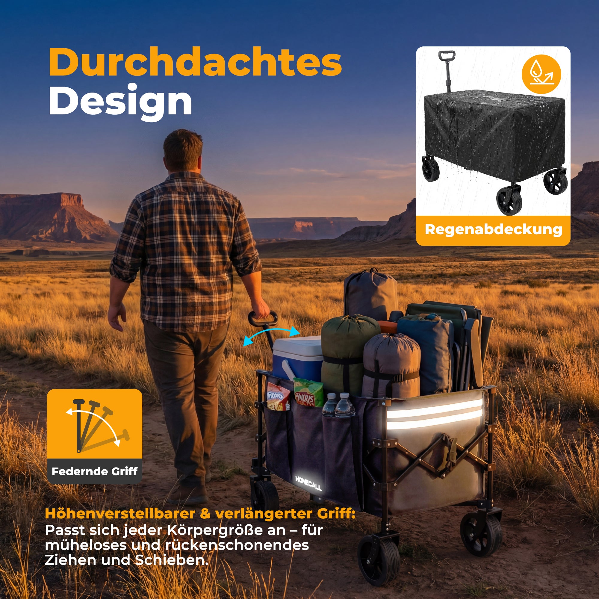 Faltbarer Bollerwagen Handwagen Strandwagen 200L XXL-Volumen mit praktischer Kühltasche, Grau