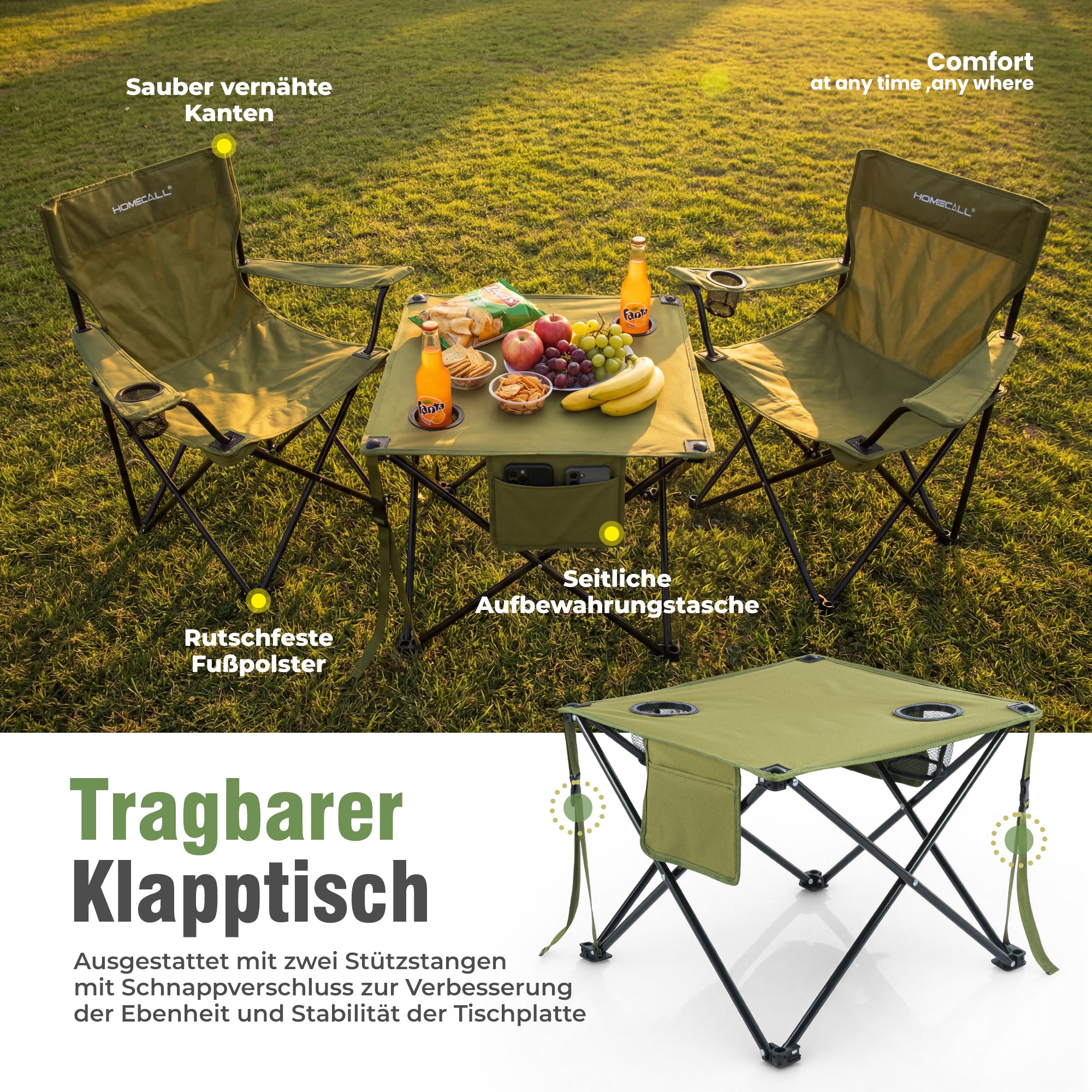 Campingmöbel-Set faltbar 2 klappbare Campingstühle und 1 kompakter Campingtisch, leicht, stabil, bis 120 kg belastbar, grün