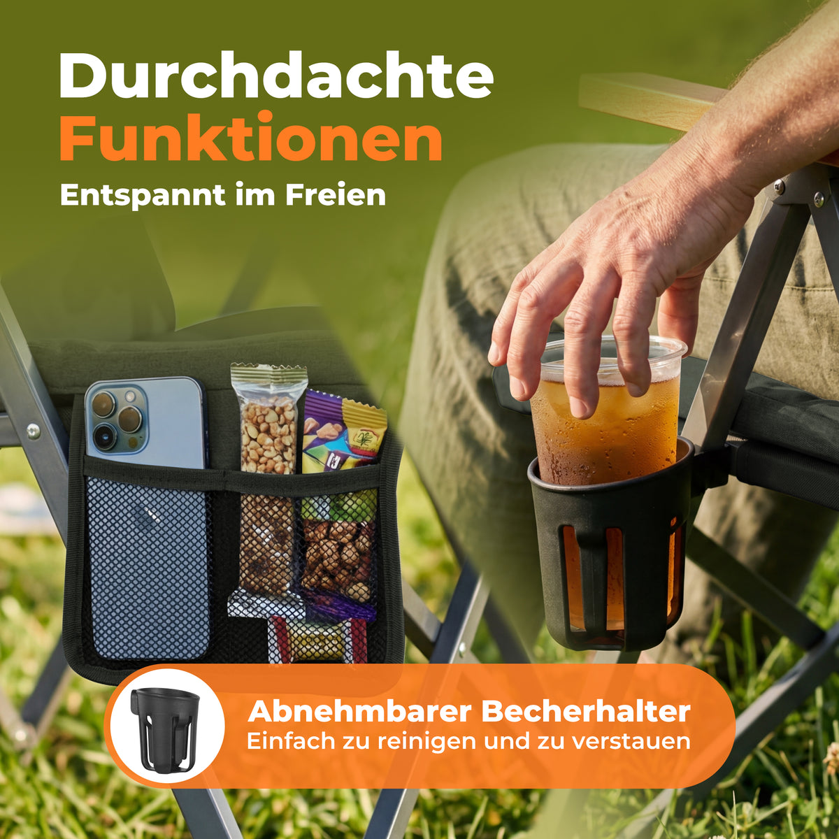 Campingstuhl klappbar mit Holzarmlehnen extra hoch – gepolsterter Outdoor-Klappstuhl, 4-fach verstellbar, bis 150 kg belastbar, Dunkelgrau