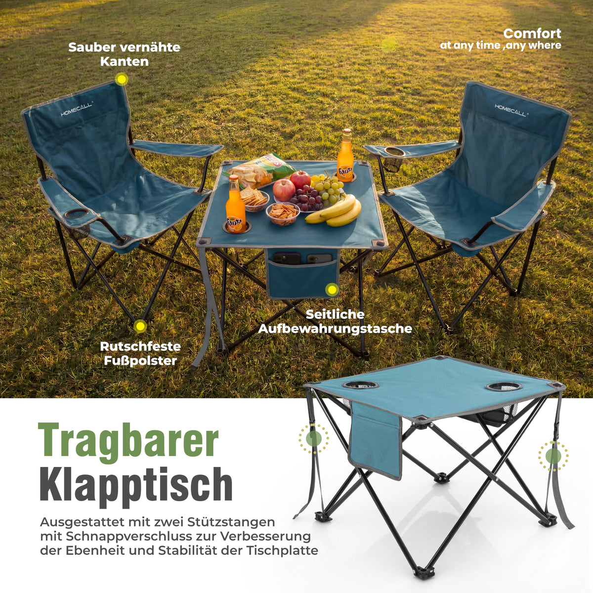 Campingmöbel-Set faltbar – 2 Campingstühle und 1 Campingtisch, leicht und kompakt, mit Getränkehaltern und Seitentaschen, bis 120 kg belastbar, blau