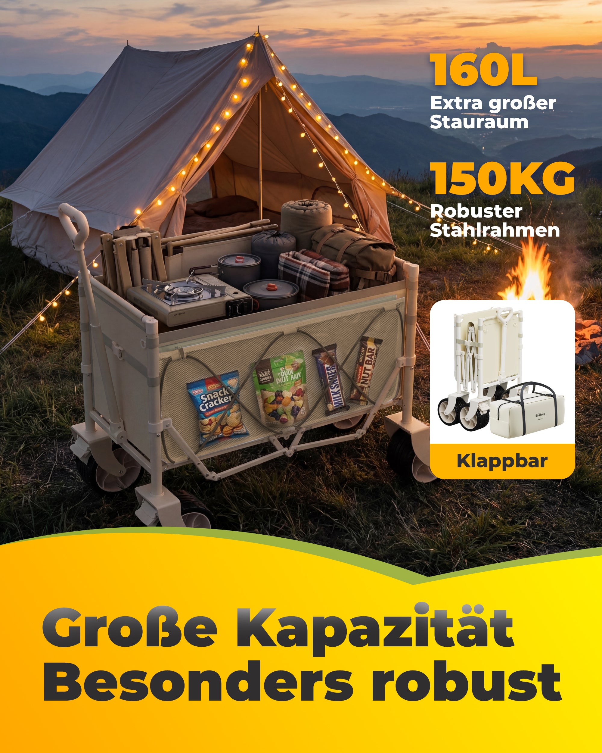 Klappbarer Bollerwagen mit Dach und Tischfunktion – faltbarer Transportwagen für Camping, Strand und Garten