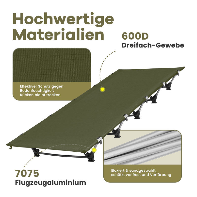 Campingbett klappbar bis 150 kg – faltbares Feldbett aus Aluminium, kompakt und ultraleicht, grün