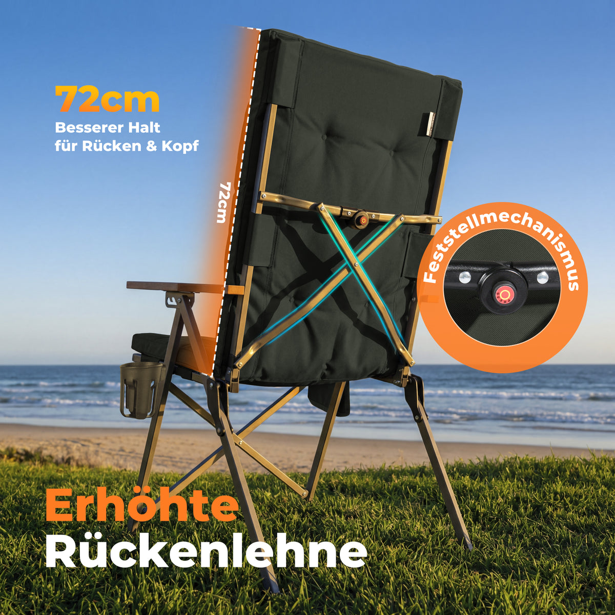 Campingstuhl klappbar mit Holzarmlehnen extra hoch – gepolsterter Outdoor-Klappstuhl, 4-fach verstellbar, bis 150 kg belastbar, Dunkelgrau
