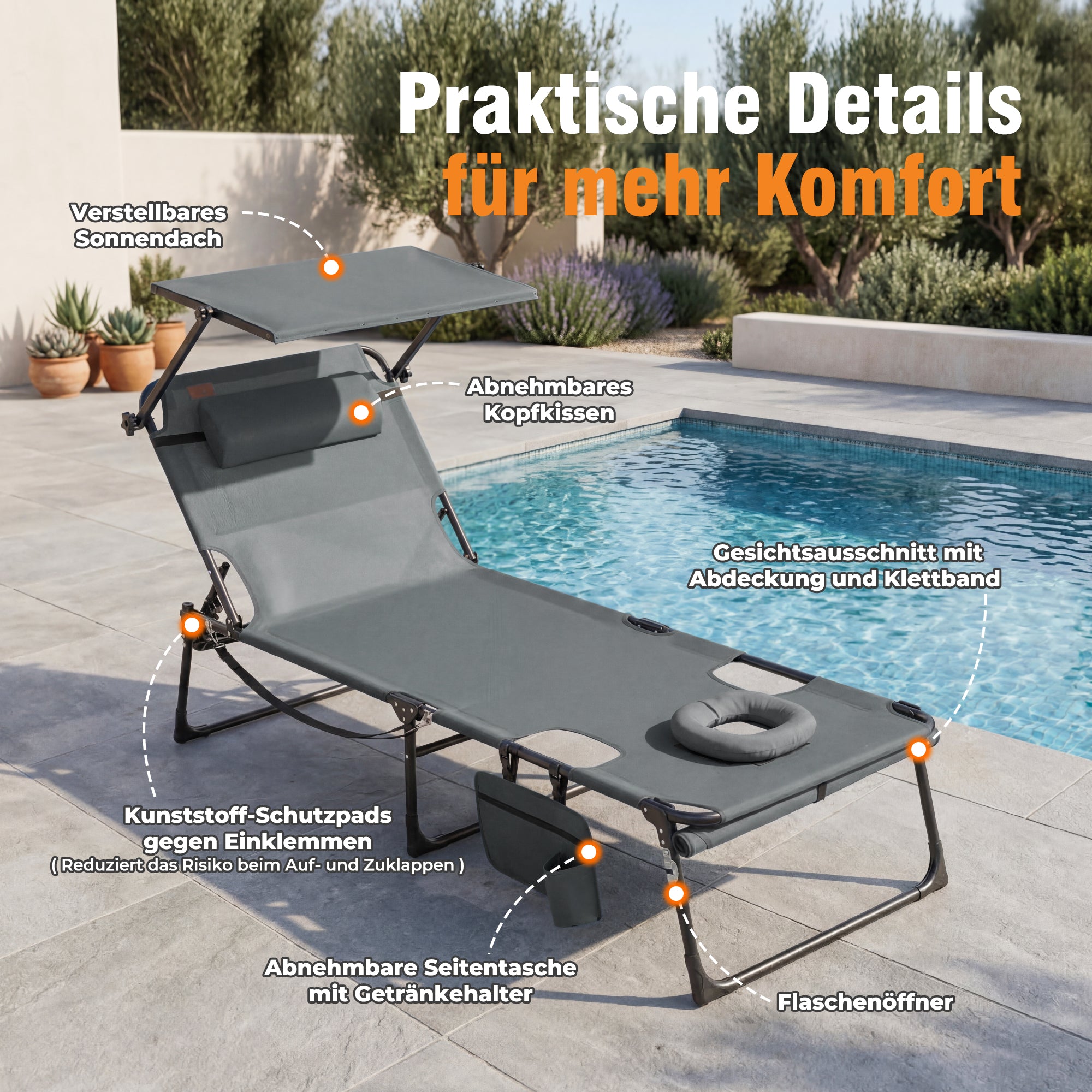 Sonnenliege klappbar mit Gesichtsaussparung – verstellbare Garten- und Campingliege bis 180 kg belastbar, dunkelgrau