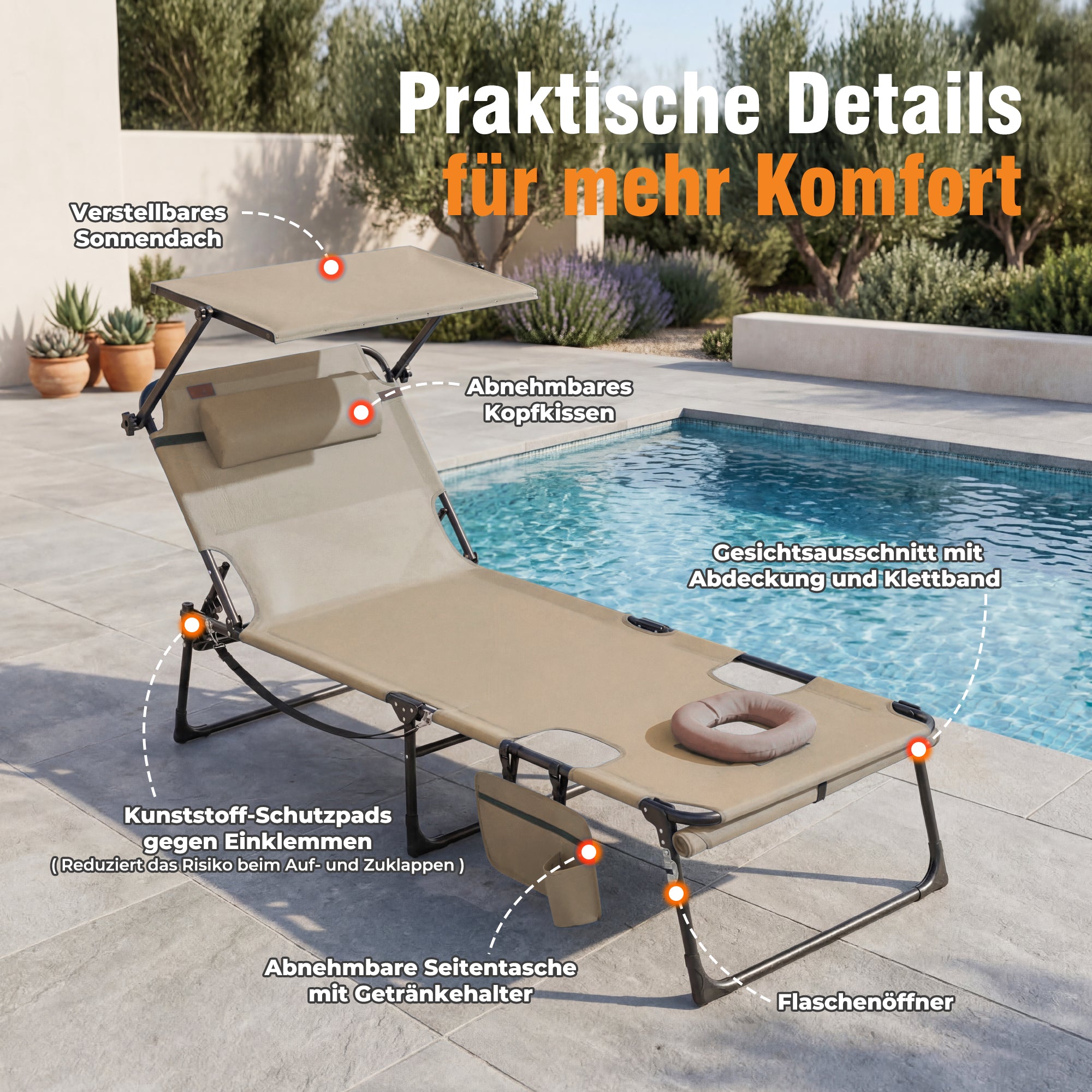 Sonnenliege klappbar mit Gesichtsaussparung – verstellbare Garten- und Campingliege bis 180 kg belastbar, beige