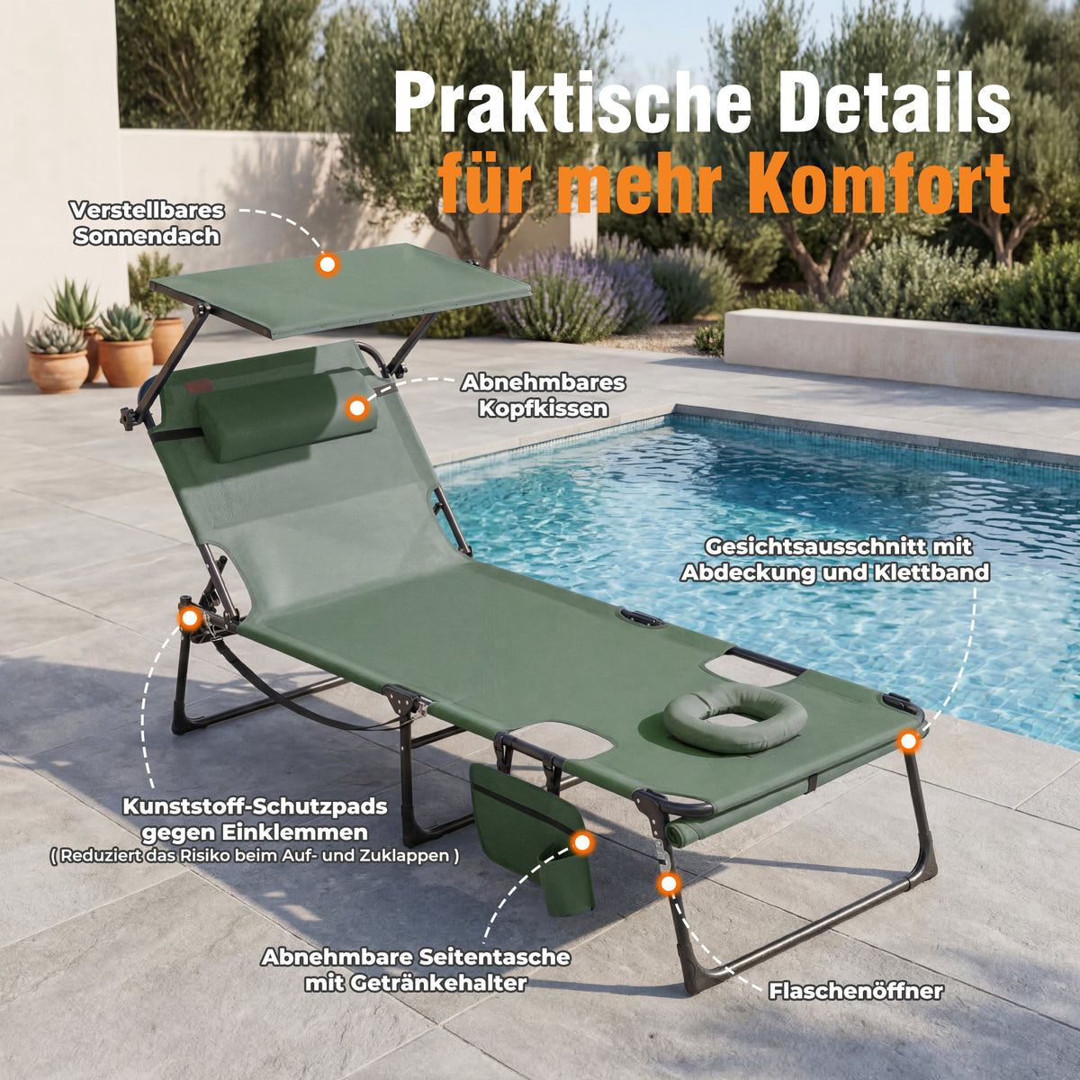 Sonnenliege klappbar mit Gesichtsaussparung – verstellbare Garten- und Campingliege bis 180 kg belastbar, grün
