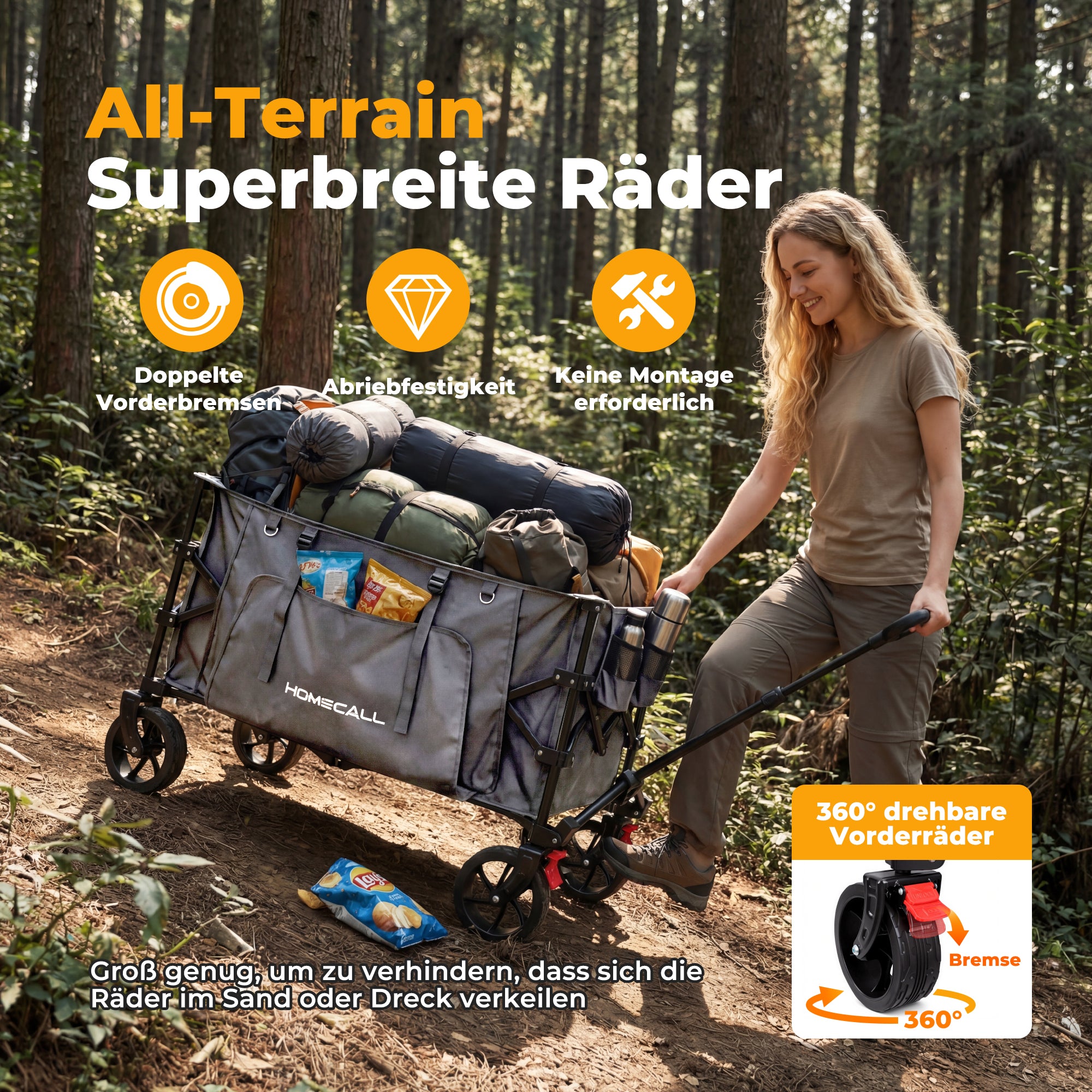 Faltbarer Bollerwagen Handwagen Strandwagen 200L XXL-Volumen mit praktischer Kühltasche, Grau