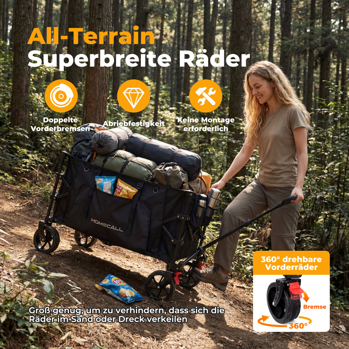 Faltbarer Bollerwagen Handwagen Strandwagen 200L XXL-Volumen mit praktischer Kühltasche, Schwarz