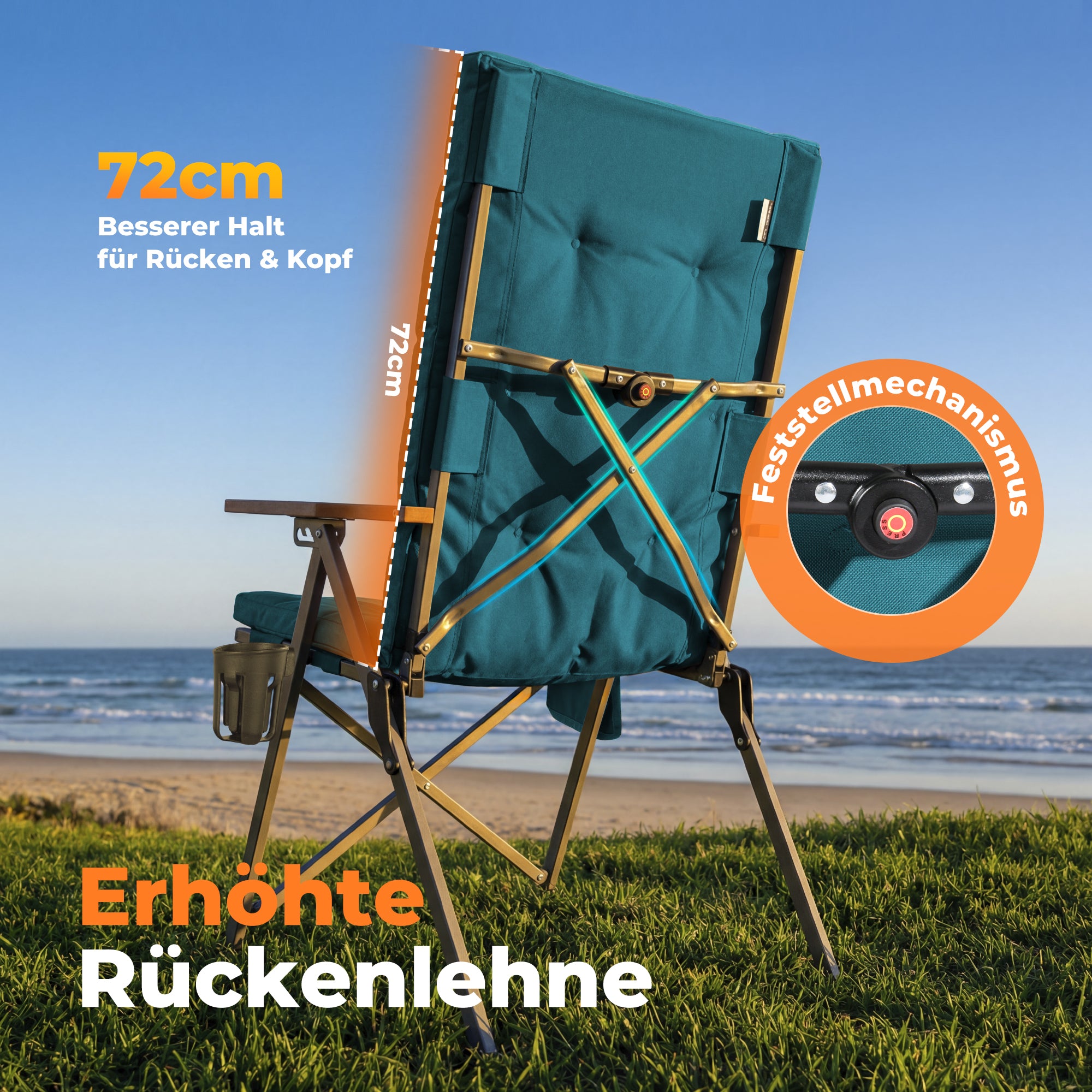 Campingstuhl klappbar mit Holzarmlehnen extra hoch – gepolsterter Outdoor-Klappstuhl, 4-fach verstellbar, bis 150 kg belastbar, Marineblau