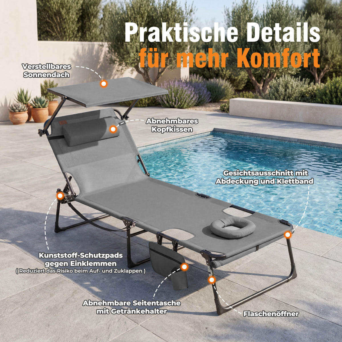 Sonnenliege klappbar mit Gesichtsaussparung – verstellbare Garten- und Campingliege bis 180 kg belastbar, hellgrau