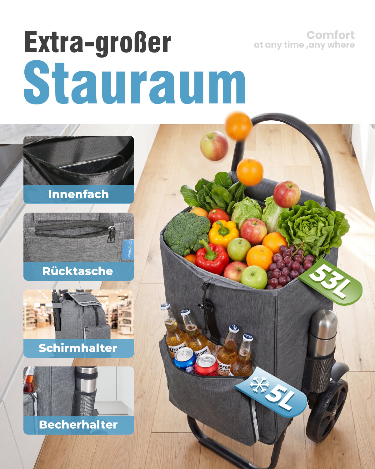 4-in-1 Einkaufswagen klappbar – Trolley, Rucksack und Transportwagen mit Kühlfach, faltbar bis 50 kg, Grau