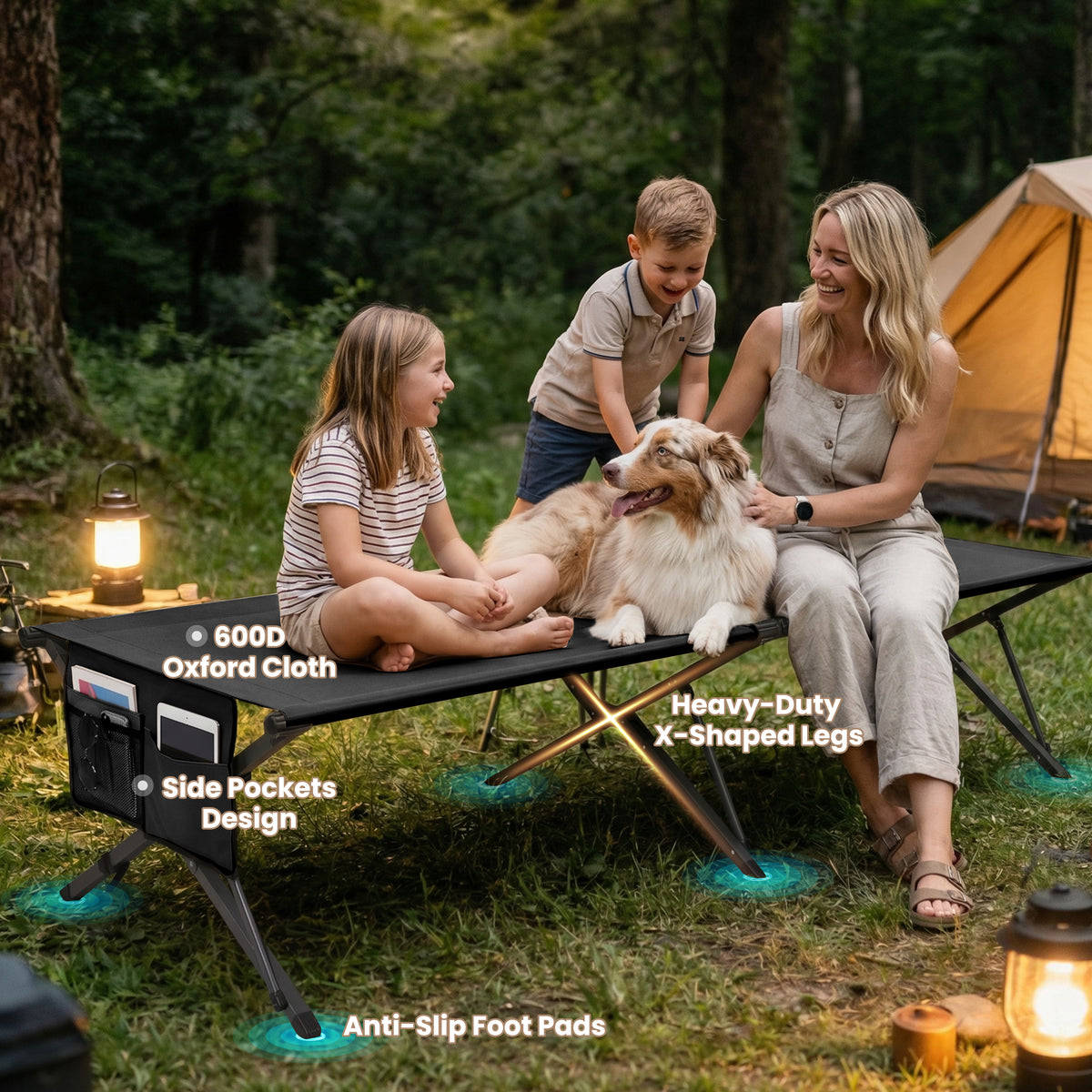 HOMECALL XXL Campingbett klappbar – stabiles Feldbett bis 200 kg, faltbares Outdoor- und Gästebett mit Tragetasche, schwarz