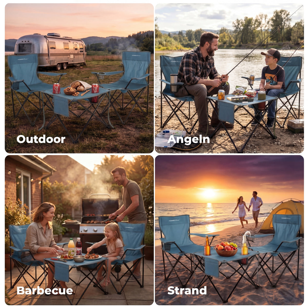 Campingmöbel-Set faltbar – 2 Campingstühle und 1 Campingtisch, leicht und kompakt, mit Getränkehaltern und Seitentaschen, bis 120 kg belastbar, blau