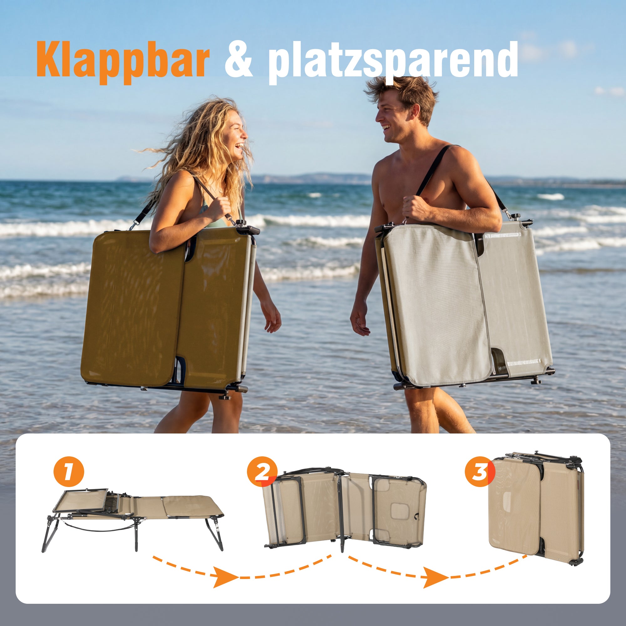 Sonnenliege klappbar mit Gesichtsaussparung – verstellbare Garten- und Campingliege bis 180 kg belastbar, beige