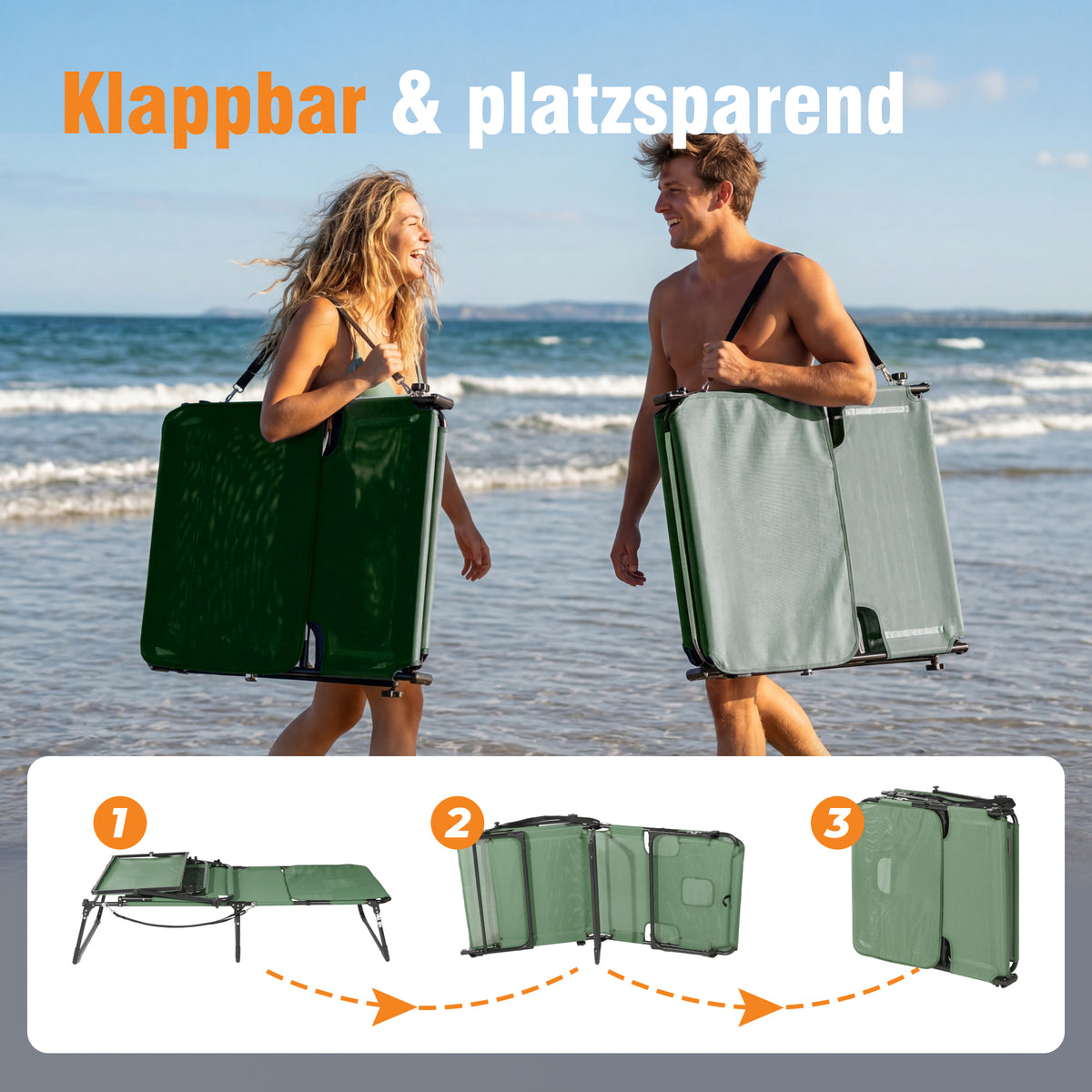 Sonnenliege klappbar mit Gesichtsaussparung – verstellbare Garten- und Campingliege bis 180 kg belastbar, grün