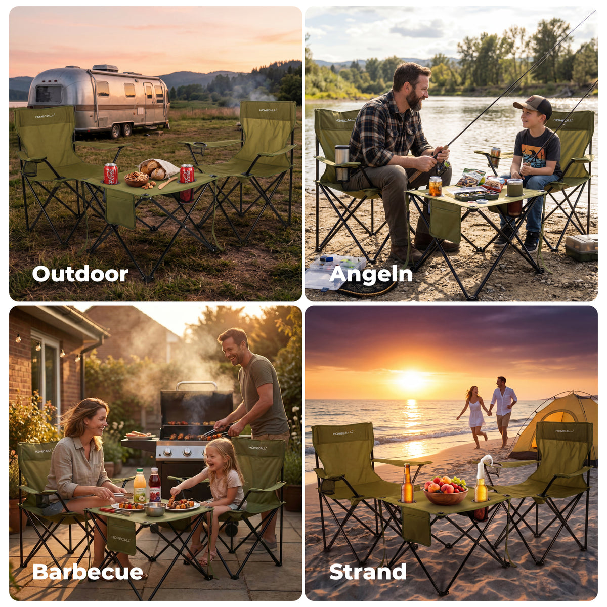 Campingmöbel-Set faltbar 2 klappbare Campingstühle und 1 kompakter Campingtisch, leicht, stabil, bis 120 kg belastbar, grün