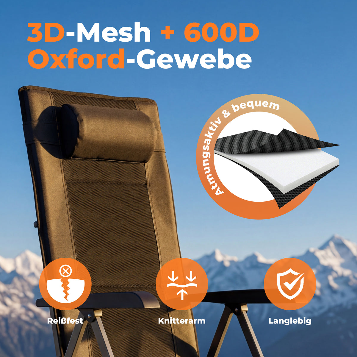 Klappbarer Campingstuhl mit 3D-Mesh-Polsterung – leichter Outdoor-Stuhl für Strand, Picknick und Garten