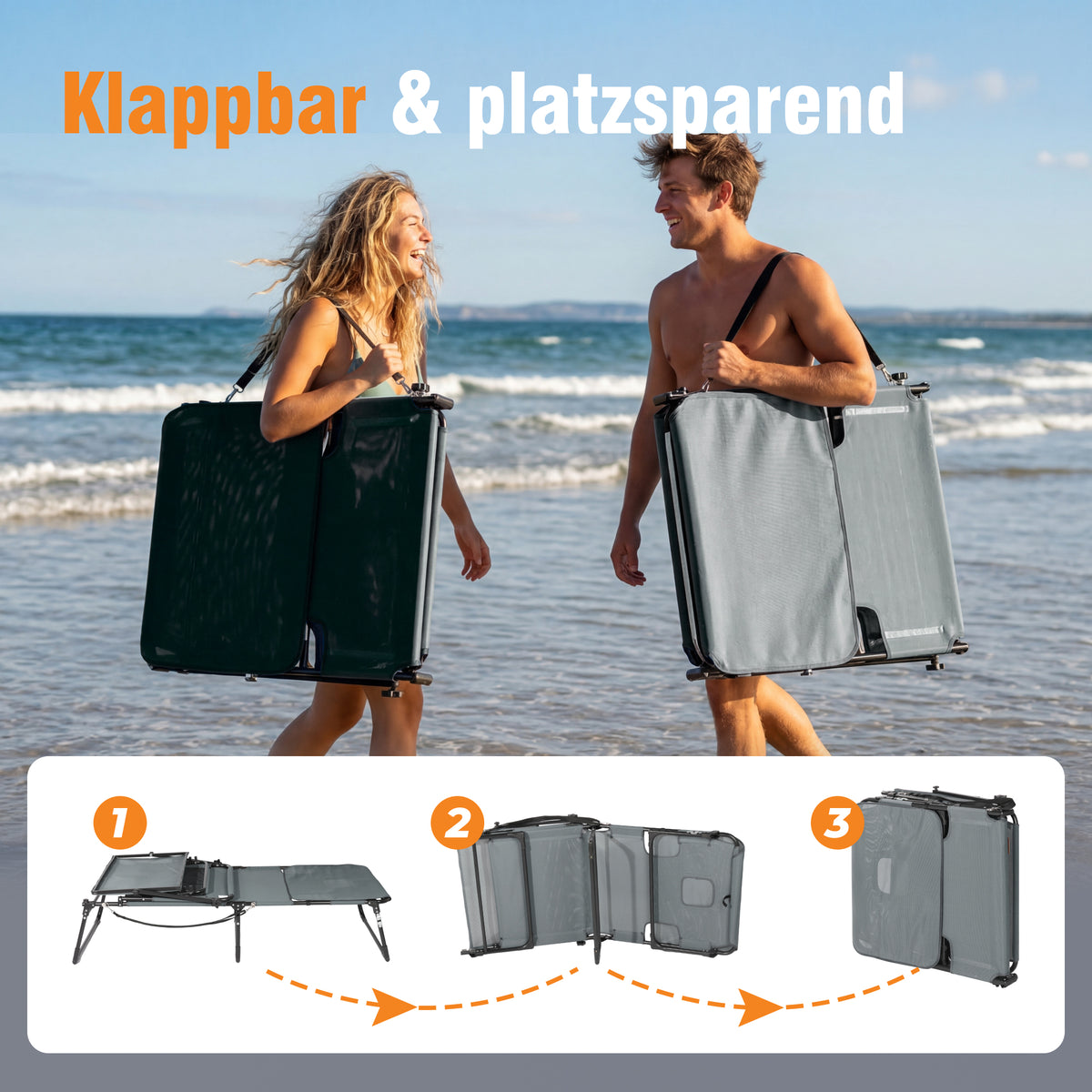 Sonnenliege klappbar mit Gesichtsaussparung – verstellbare Garten- und Campingliege bis 180 kg belastbar, dunkelgrau