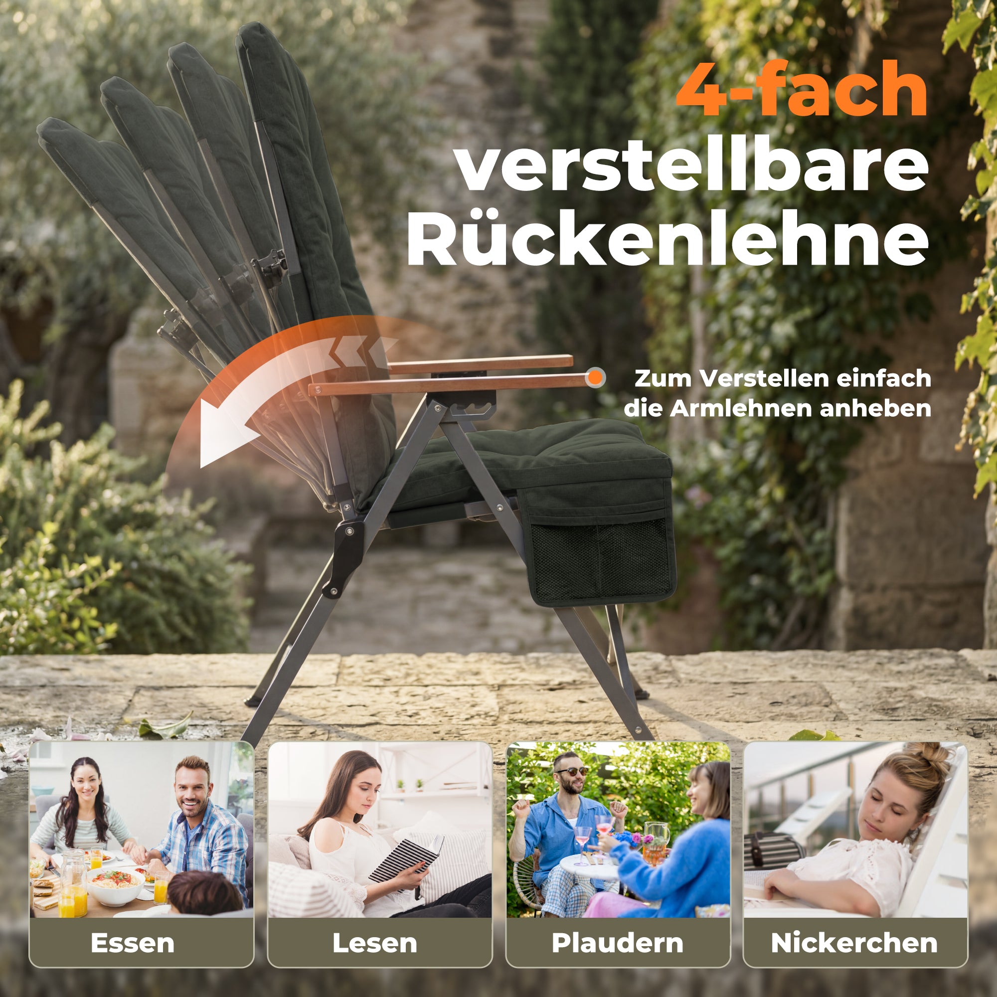 Campingstuhl klappbar mit Holzarmlehnen extra hoch – gepolsterter Outdoor-Klappstuhl, 4-fach verstellbar, bis 150 kg belastbar, Dunkelgrau
