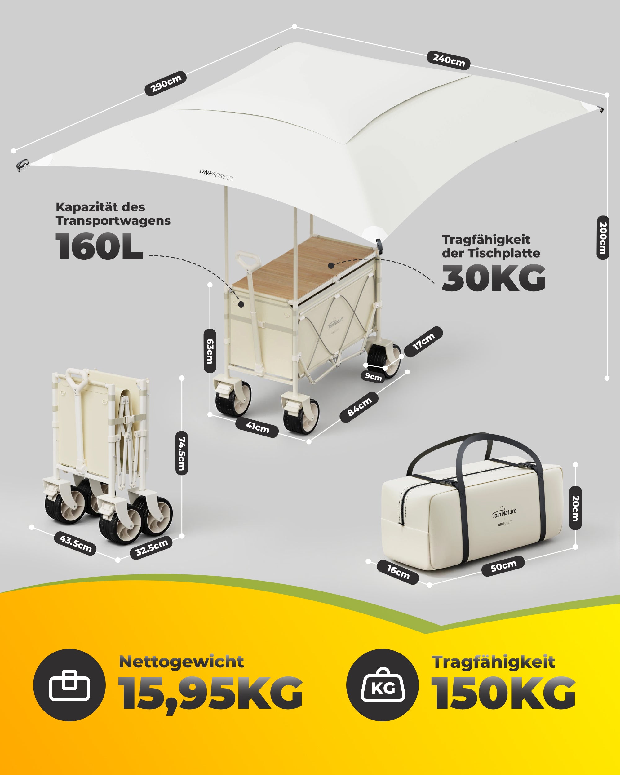 Klappbarer Bollerwagen mit Dach und Tischfunktion – faltbarer Transportwagen für Camping, Strand und Garten
