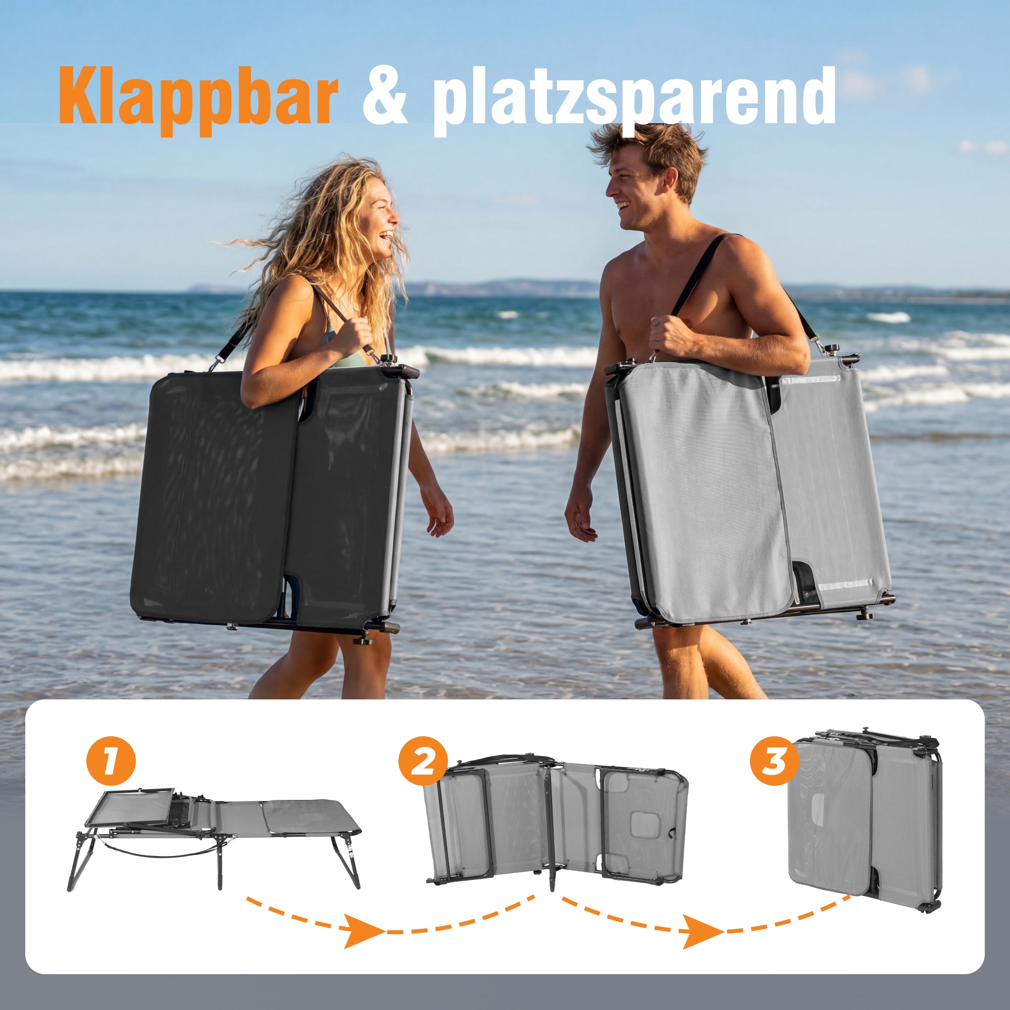 Sonnenliege klappbar mit Gesichtsaussparung – verstellbare Garten- und Campingliege bis 180 kg belastbar, hellgrau