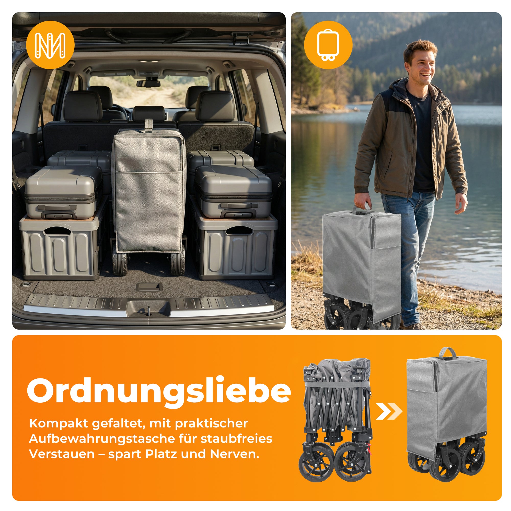 Faltbarer Bollerwagen Handwagen Strandwagen 200L XXL-Volumen mit praktischer Kühltasche, Grau