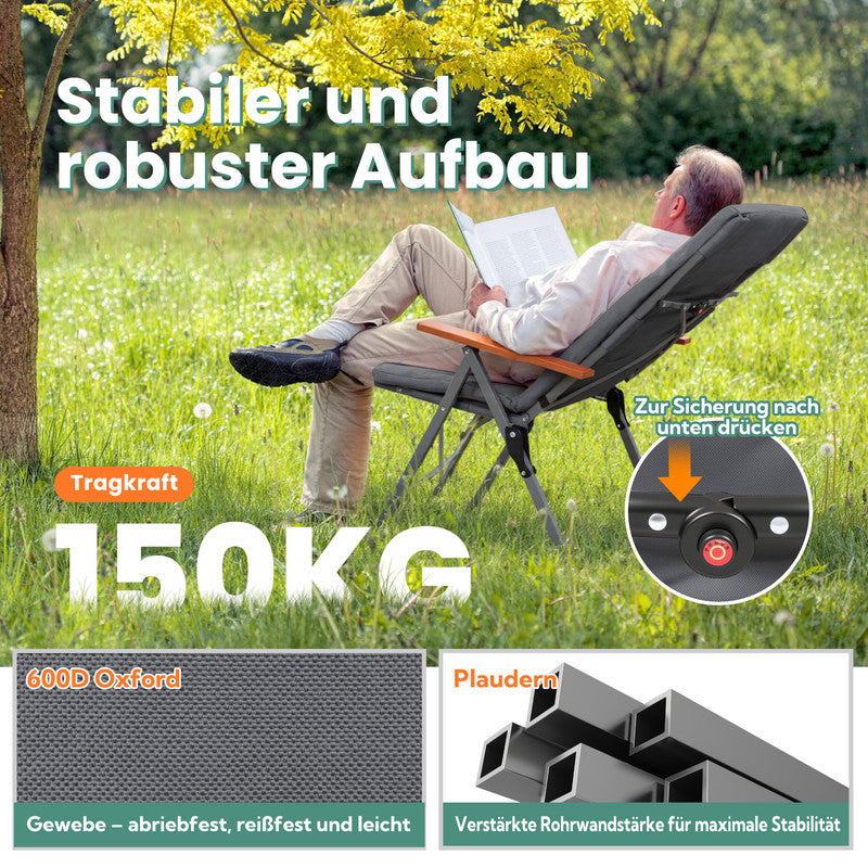 HOMECALL Campingstuhl faltbar Hochlehner – gepolsterter Klappstuhl mit Holzarmlehnen, 3-fach verstellbar bis 150 kg belastbar  | B-Ware