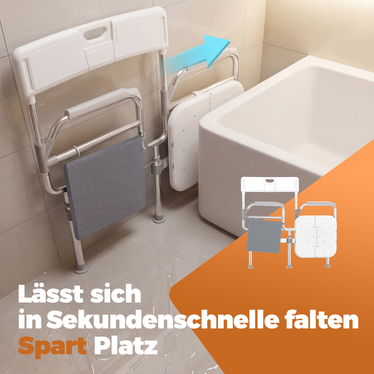 Faltbarer Duschstuhl bis 200 kg belastbar  – höhenverstellbarer Duschsitz mit Armlehnen, Rückenlehne, Kissen & Ablage