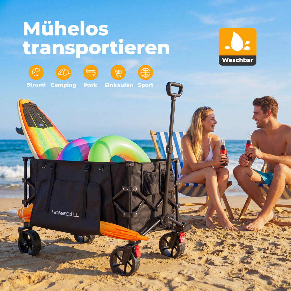 Faltbarer Bollerwagen Handwagen Strandwagen 200L XXL-Volumen mit praktischer Kühltasche, Schwarz