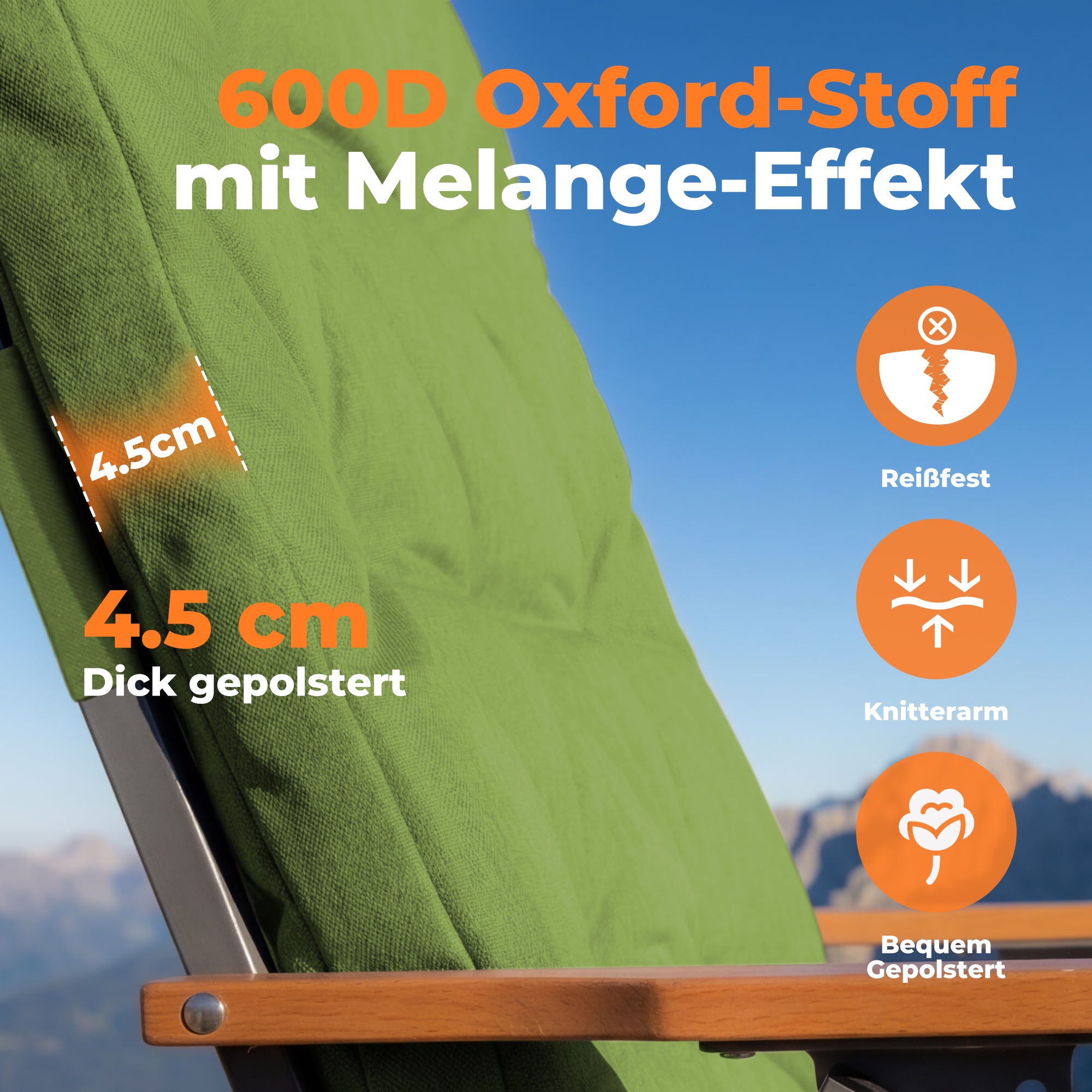 Campingstuhl klappbar mit Holzarmlehnen Extra hoch – gepolsterter Outdoor-Klappstuhl, 4-fach verstellbar, bis 150 kg belastbar, Grün