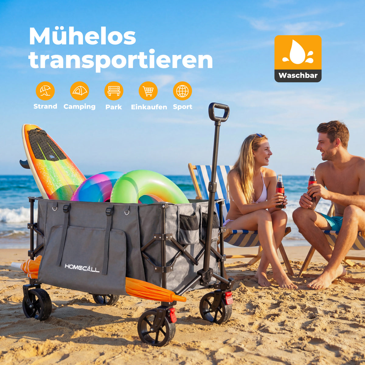 Faltbarer Bollerwagen Handwagen Strandwagen 200L XXL-Volumen mit praktischer Kühltasche, Grau