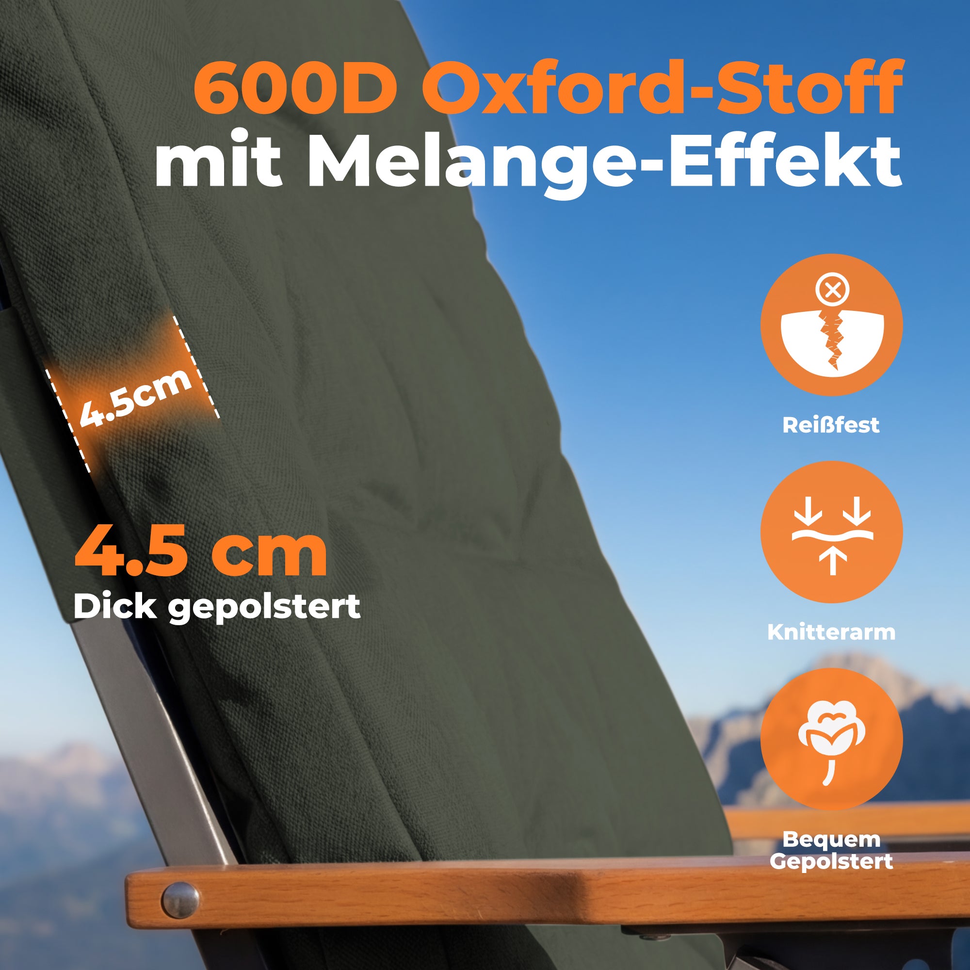 Campingstuhl klappbar mit Holzarmlehnen extra hoch – gepolsterter Outdoor-Klappstuhl, 4-fach verstellbar, bis 150 kg belastbar, Dunkelgrau
