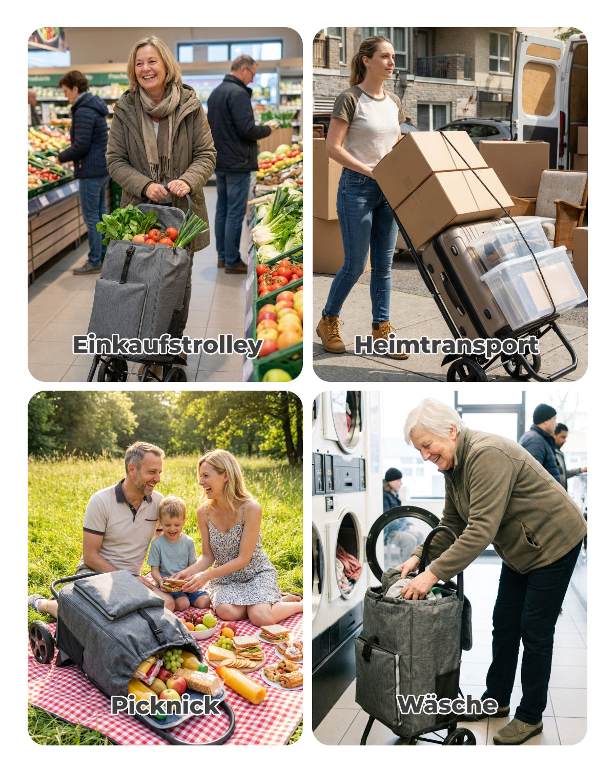 4-in-1 Einkaufswagen klappbar – Trolley, Rucksack und Transportwagen mit Kühlfach, faltbar bis 50 kg, Grau