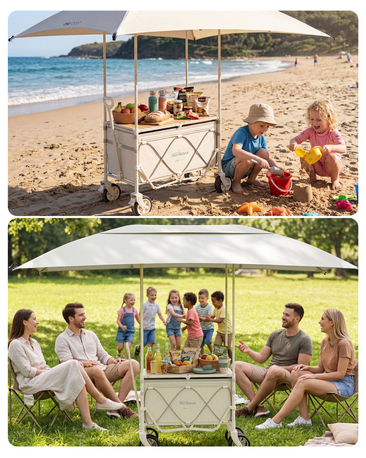 Klappbarer Bollerwagen mit Dach und Tischfunktion – faltbarer Transportwagen für Camping, Strand und Garten