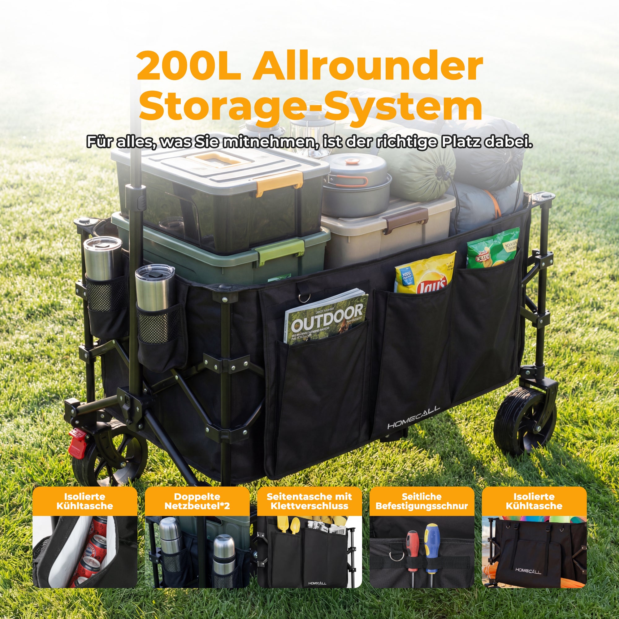 Faltbarer Bollerwagen Handwagen Strandwagen 200L XXL-Volumen mit praktischer Kühltasche, Schwarz