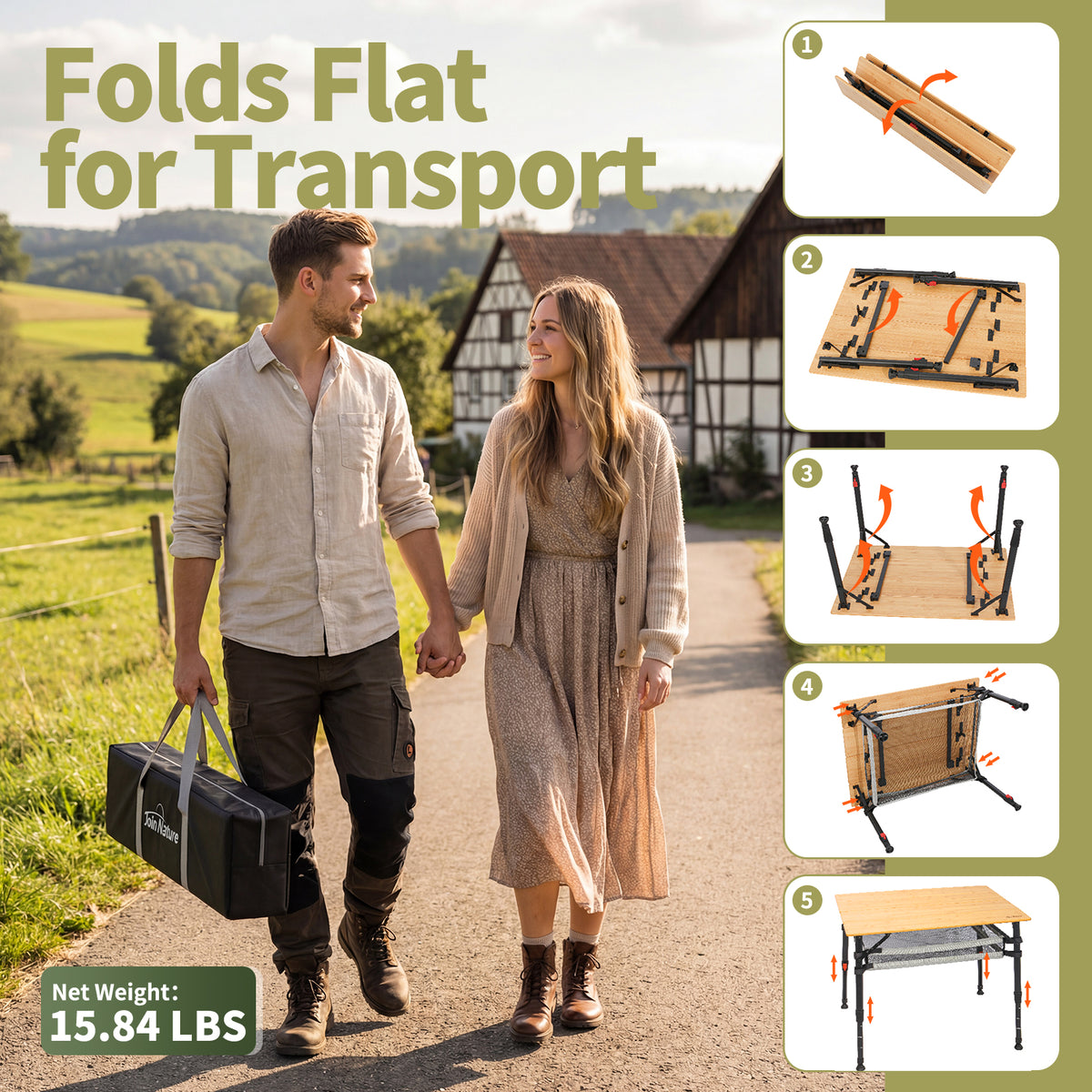 Campingtisch klappbar mit Bambus-Tischplatte – höhenverstellbarer Outdoor-Tisch mit verstellbaren Beinen und Aufbewahrungsnetz, 100 x 65 cm