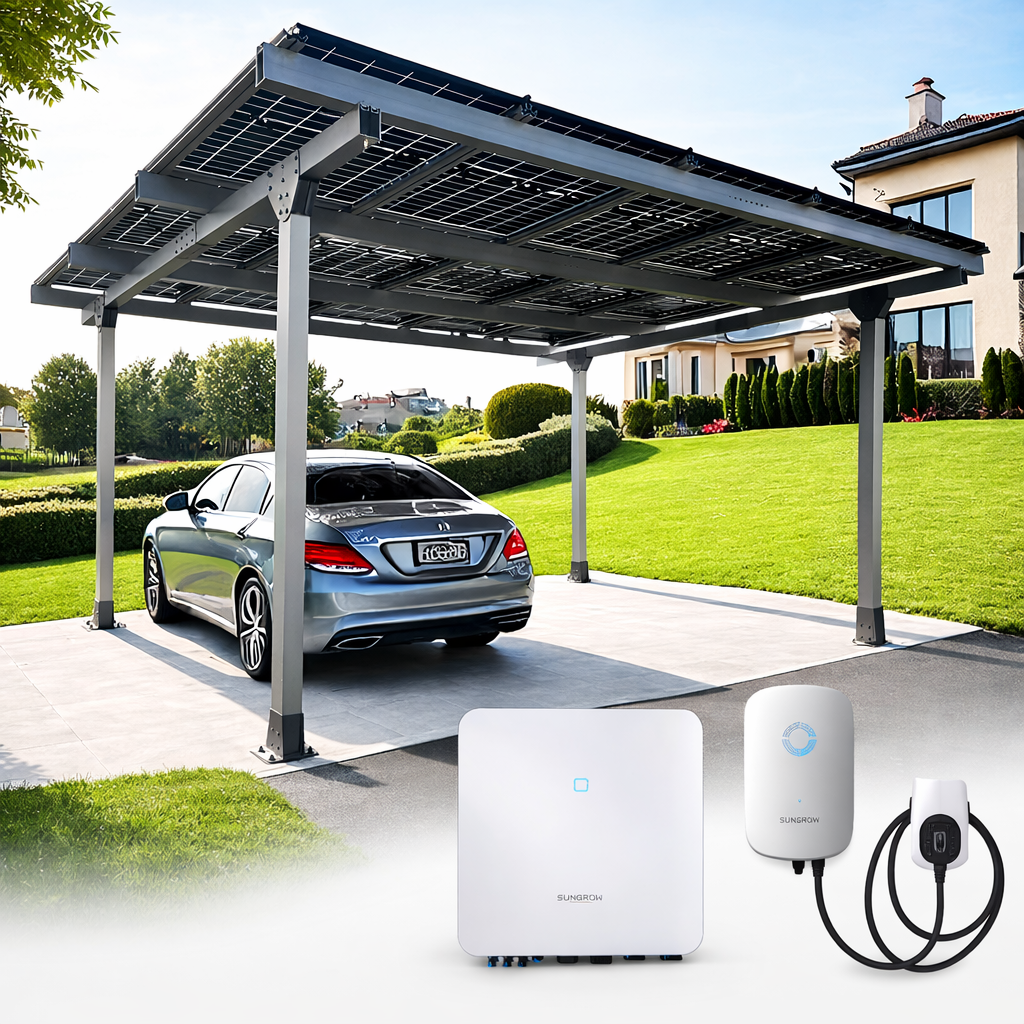 Solar-Doppelcarport Carport, Silber + 15 Module + Sungrow Wechselrichter + Wallbox + Montage + Anmeldung + Anschluss vom E.-Meister