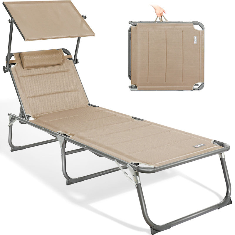 Sonnenliege klappbar – Gartenliege aus Aluminium mit 5-fach verstellbarer Rückenlehne, Sonnenschutz und Kopfstütze, bis 180 kg belastbar - beige