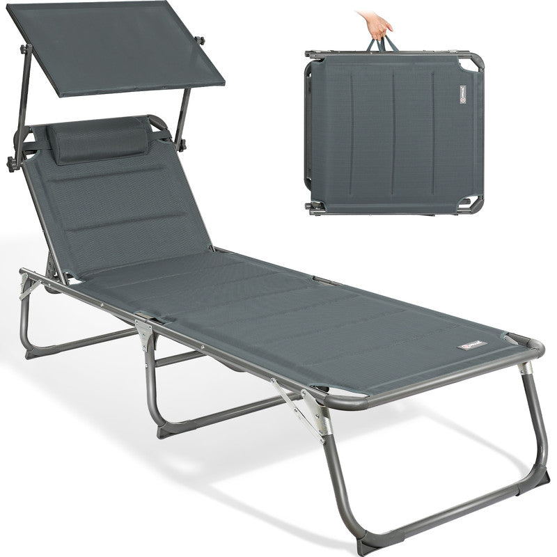 HOMECALL Sonnenliege XXL klappbar – 5-fach verstellbar mit Sonnenschutz anthrazit, gepolstert bis 180 kg | B-Ware Sonderposten