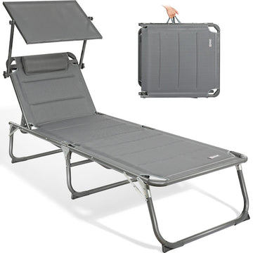 HOMECALL Sonnenliege XXL klappbar – 5-fach verstellbar mit Sonnenschutz grau, gepolstert bis 180 kg belastbar | B-Ware Sonderposten