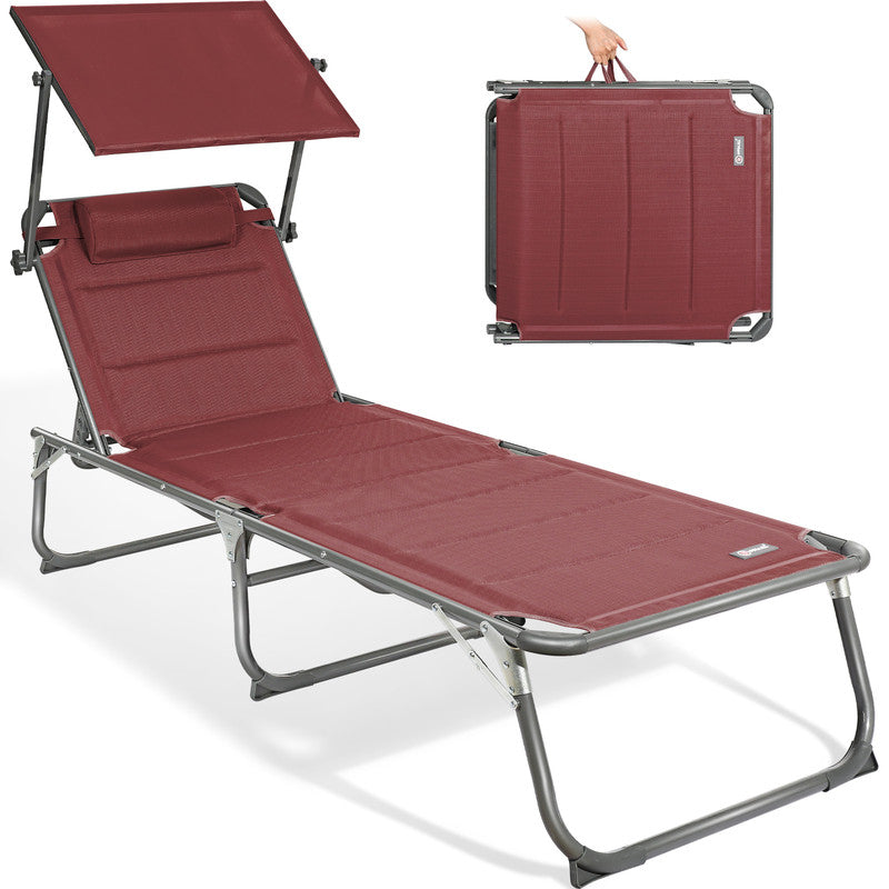 HOMECALL Sonnenliege XXL klappbar – 5-fach verstellbar mit Sonnenschutz rot, gepolstert bis 180 kg belstbar | B-Ware Sonderposten