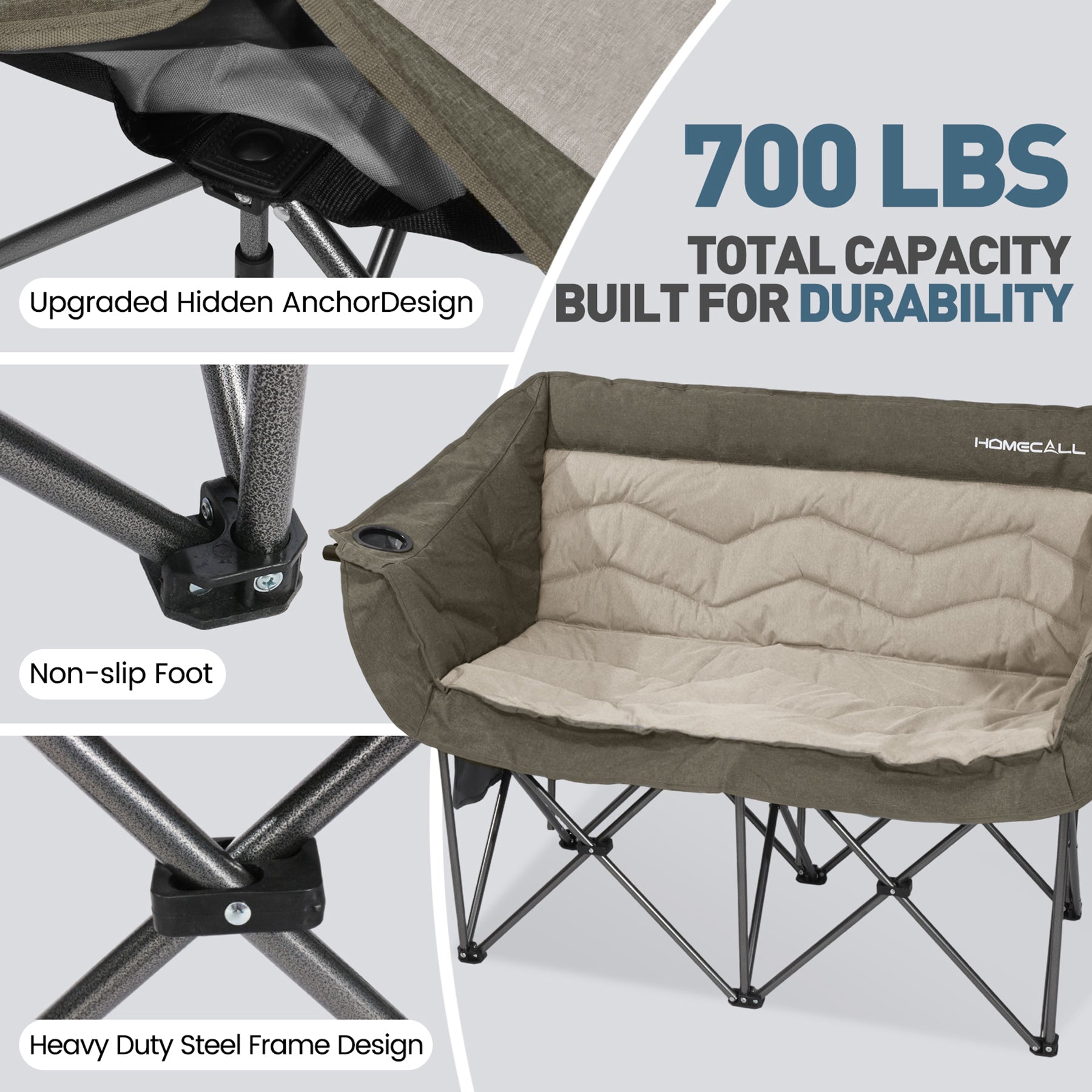 HOMECALL Campingstuhl 2 Personen faltbar – Doppel Campingsofa bis 360 kg, stabile Camping Couch mit Rückenlehne, Grün