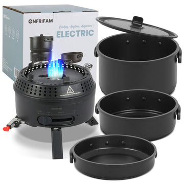 ENFRIFAM 2-in-1 Campingkocher Gas & Elektro – Outdoor Kocher mit 1,8 L Topf & Pfannen, bis 2200 W, Camping Herd | B-Ware Sonderposten