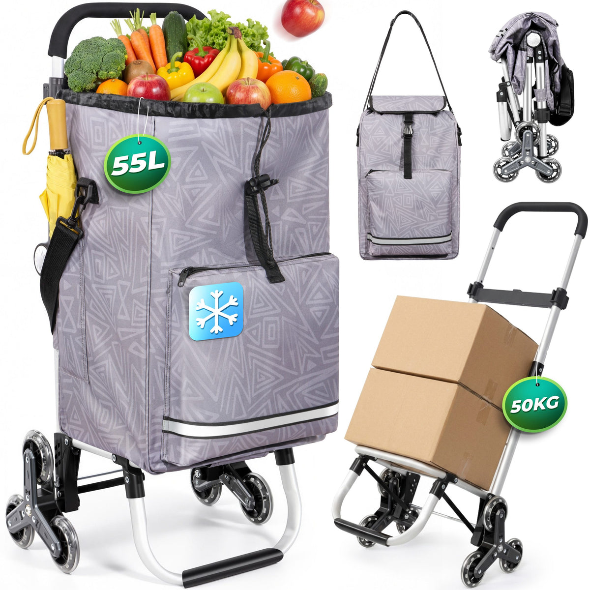 Einkaufstrolley klappbar mit Kühlfach 55 L – Shopping Trolley bis 50 kg belastbar, Treppensteiger