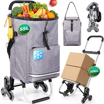 Einkaufstrolley klappbar mit Kühlfach 55 L – Shopping Trolley bis 50 kg belastbar, Treppensteiger