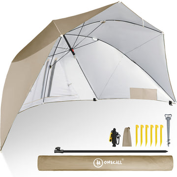 HOMECALL Strandmuschel mit SchirHOMECALL Strandmuschel mit Schirmsystem khaki – 3in1 Sonnenschirm & Windschutz  klappbar | B-Ware Sonderposten