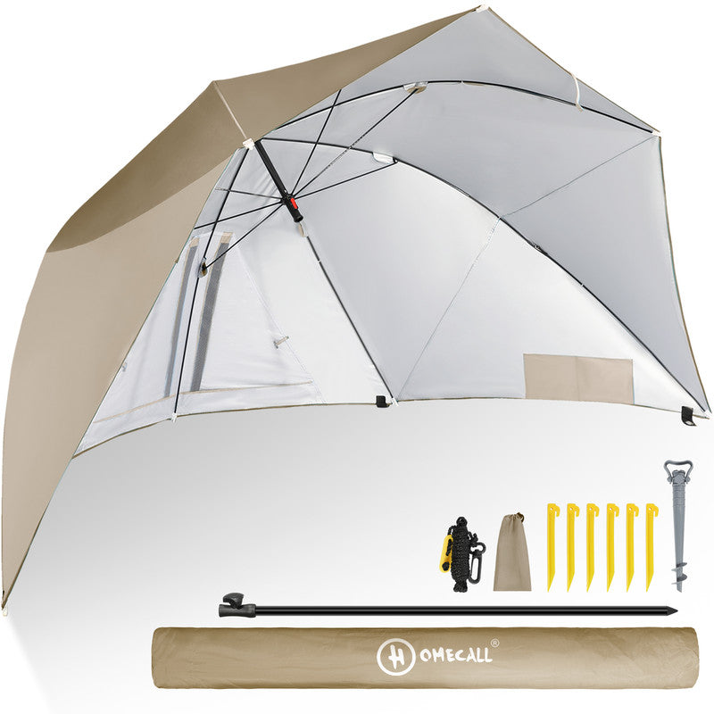 HOMECALL Strandmuschel mit SchirHOMECALL Strandmuschel mit Schirmsystem khaki – 3in1 Sonnenschirm & Windschutz  klappbar | B-Ware Sonderposten